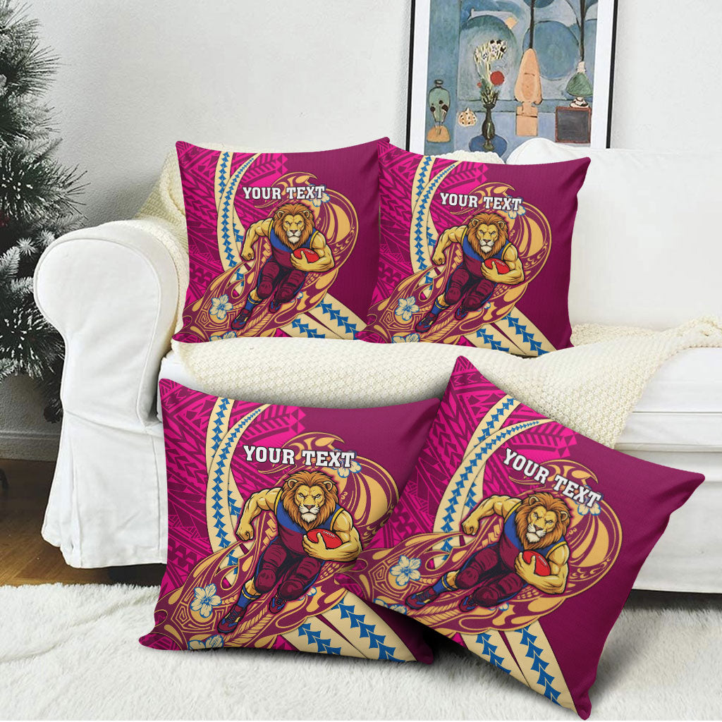 Personalized Brisbane Lions Pillow Cover Polynesian Tribal Lion Mascot With Hibiscus Floral Art