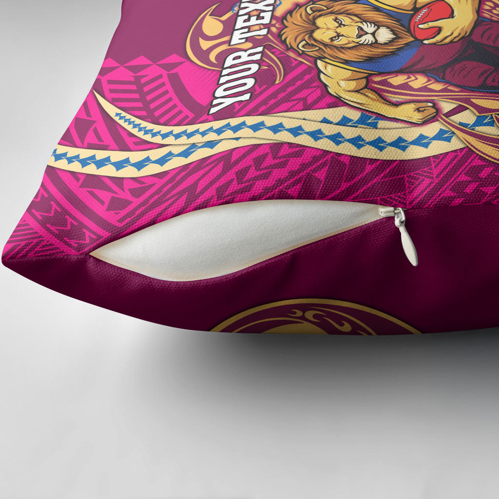 Personalized Brisbane Lions Pillow Cover Polynesian Tribal Lion Mascot With Hibiscus Floral Art