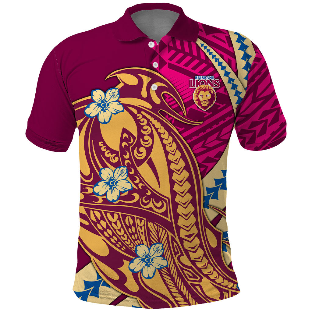 Personalized Brisbane Lions Polo Shirt Polynesian Tribal Lion Mascot With Hibiscus Floral Art