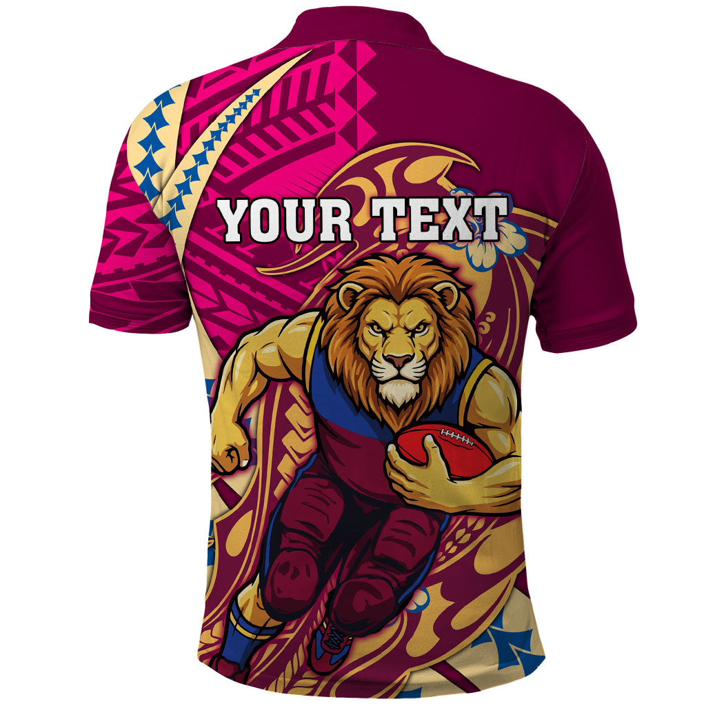 Personalized Brisbane Lions Polo Shirt Polynesian Tribal Lion Mascot With Hibiscus Floral Art