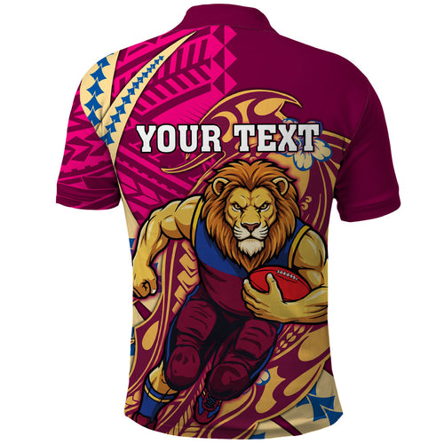 Personalized Brisbane Lions Polo Shirt Polynesian Tribal Lion Mascot With Hibiscus Floral Art