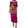 Personalized Brisbane Lions Puletasi Polynesian Tribal Lion Mascot With Hibiscus Floral Art