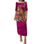 Personalized Brisbane Lions Puletasi Polynesian Tribal Lion Mascot With Hibiscus Floral Art
