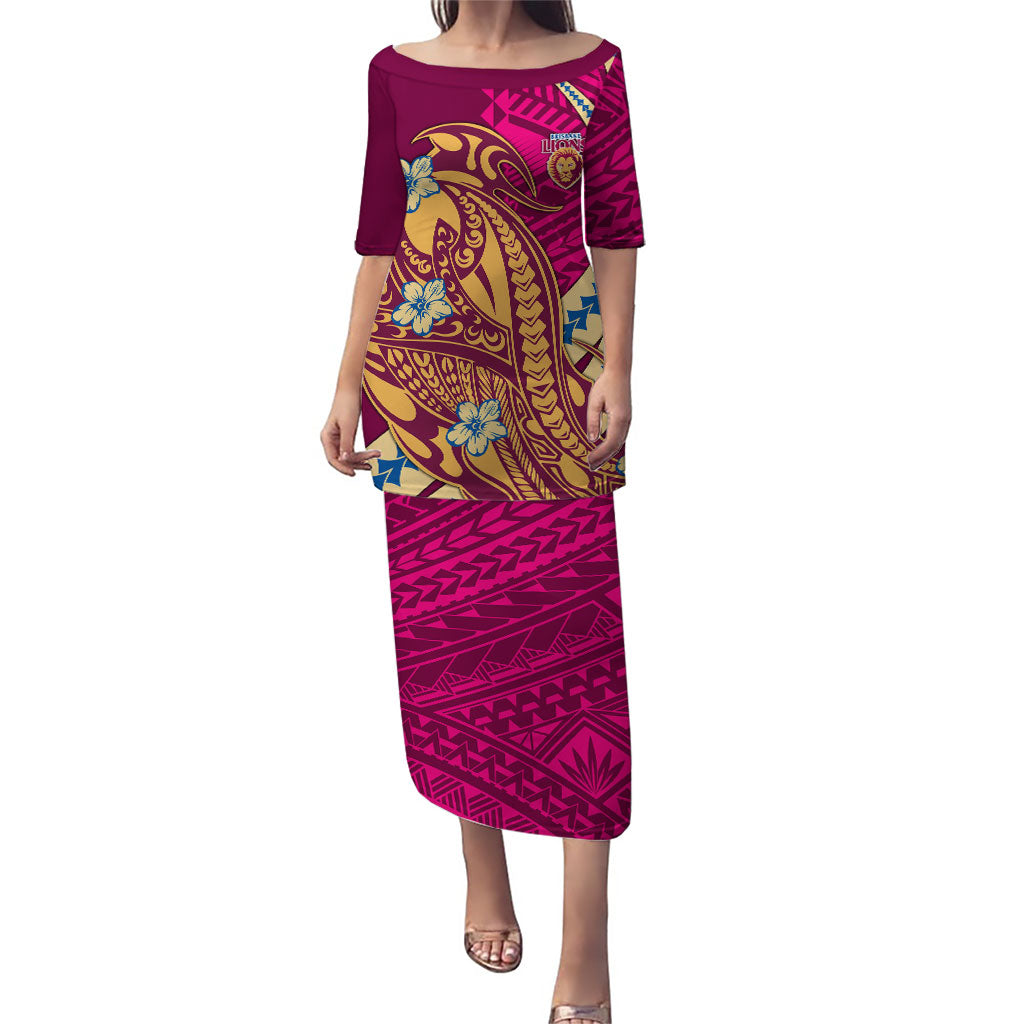Personalized Brisbane Lions Puletasi Polynesian Tribal Lion Mascot With Hibiscus Floral Art