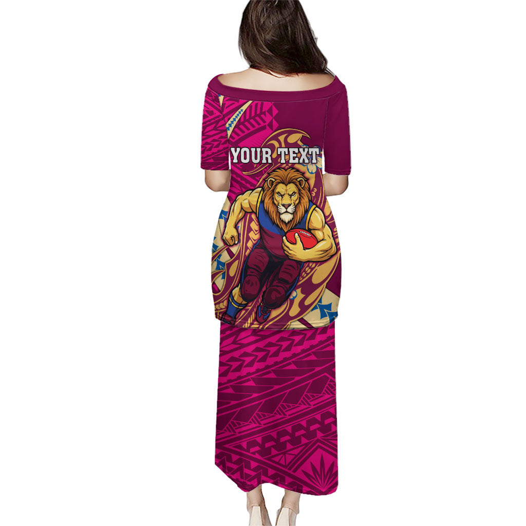 Personalized Brisbane Lions Puletasi Polynesian Tribal Lion Mascot With Hibiscus Floral Art
