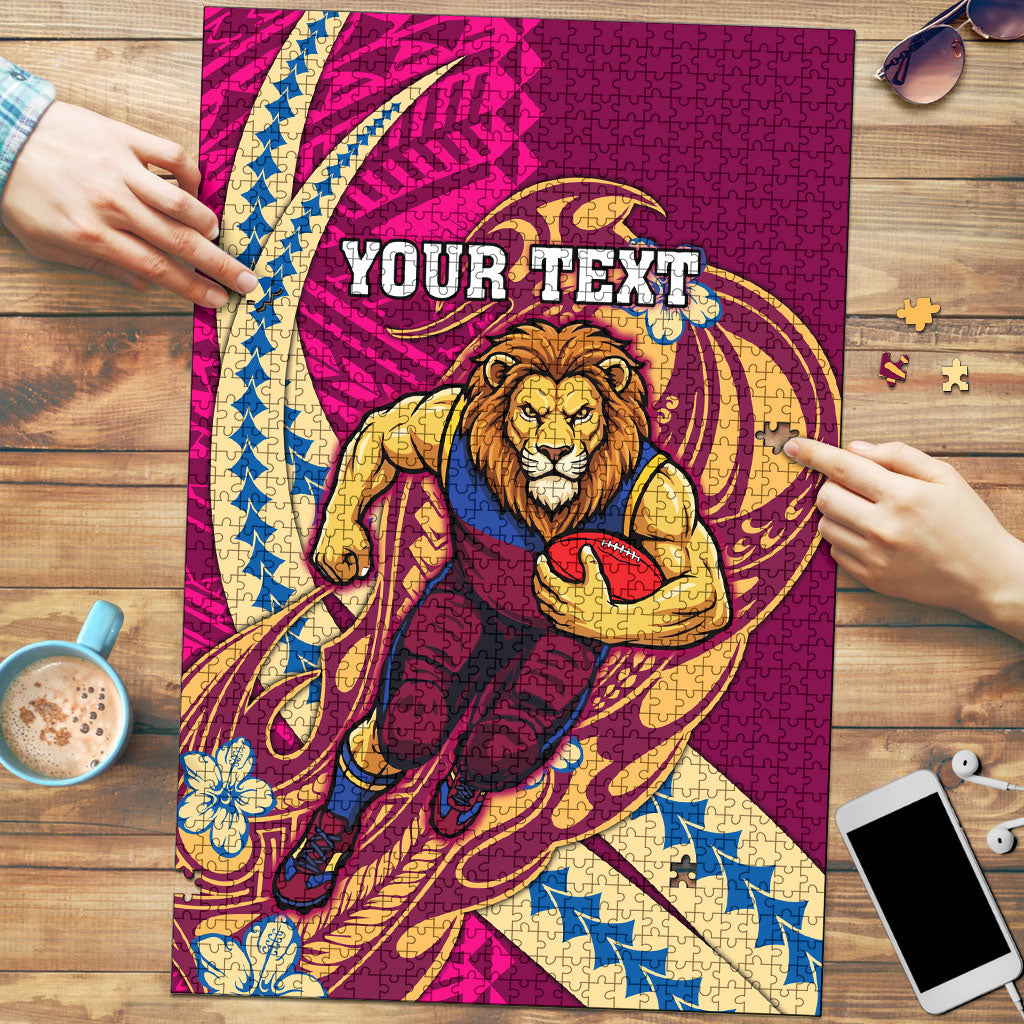 Personalized Brisbane Lions Puzzle Polynesian Tribal Lion Mascot With Hibiscus Floral Art