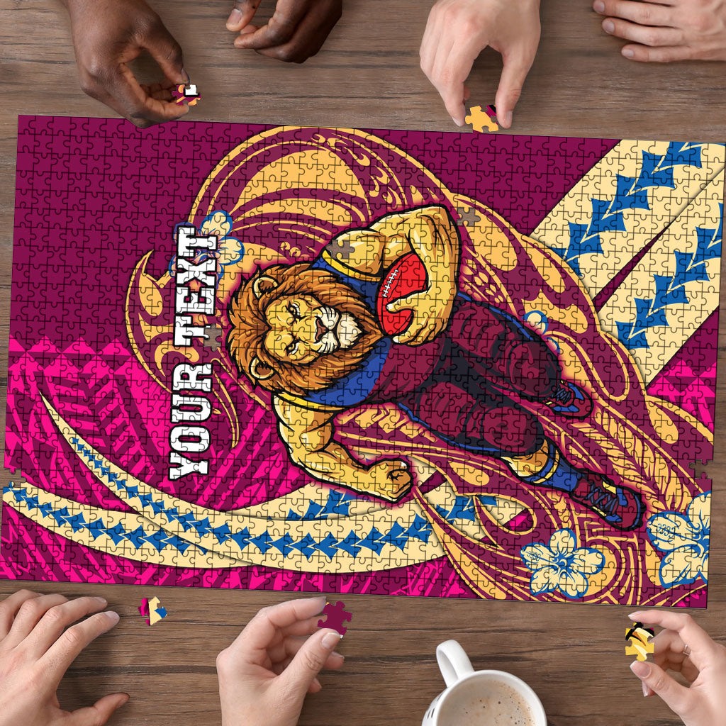 Personalized Brisbane Lions Puzzle Polynesian Tribal Lion Mascot With Hibiscus Floral Art