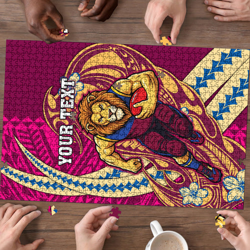 Personalized Brisbane Lions Puzzle Polynesian Tribal Lion Mascot With Hibiscus Floral Art