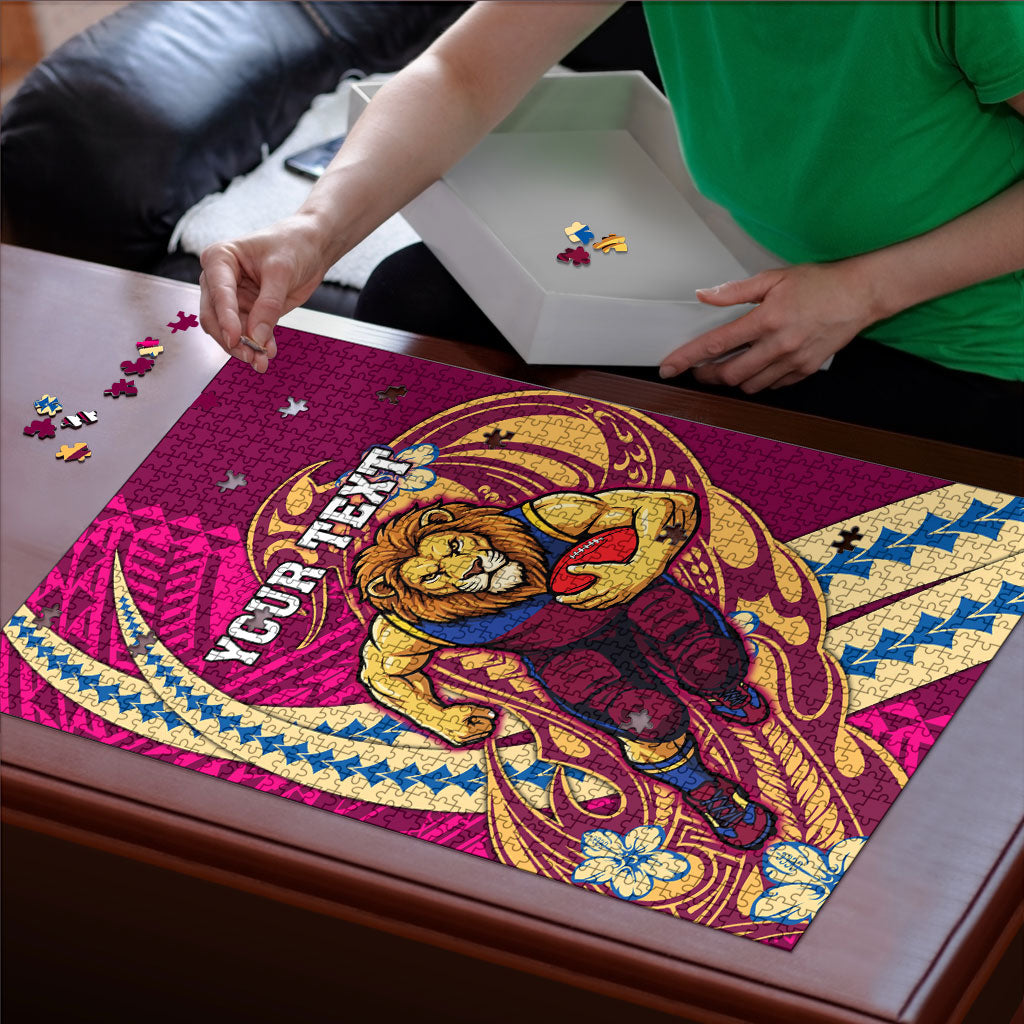 Personalized Brisbane Lions Puzzle Polynesian Tribal Lion Mascot With Hibiscus Floral Art