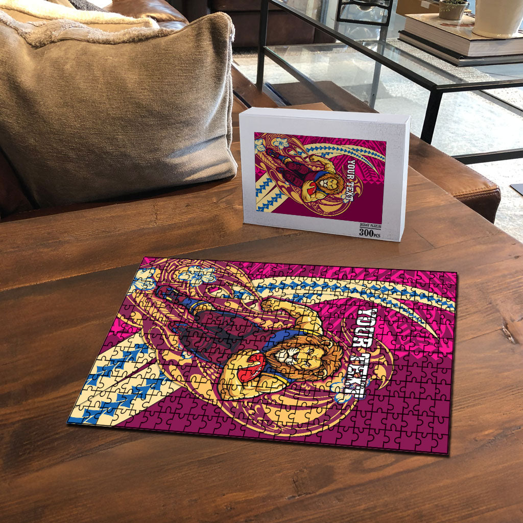 Personalized Brisbane Lions Puzzle Polynesian Tribal Lion Mascot With Hibiscus Floral Art