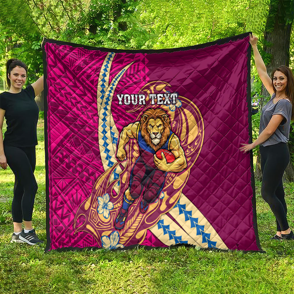 Personalized Brisbane Lions Quilt Polynesian Tribal Lion Mascot With Hibiscus Floral Art