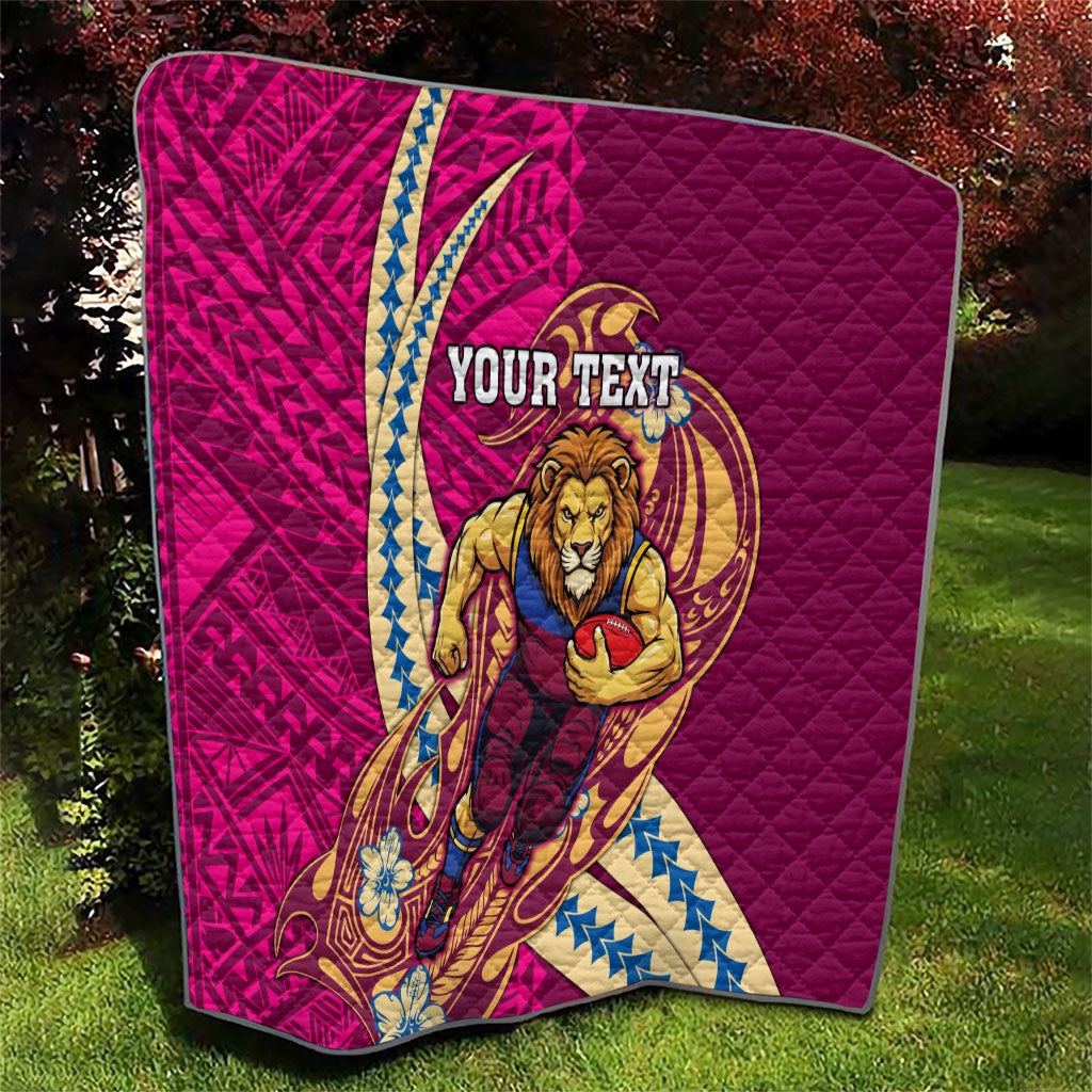 Personalized Brisbane Lions Quilt Polynesian Tribal Lion Mascot With Hibiscus Floral Art