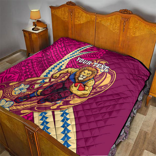 Personalized Brisbane Lions Quilt Polynesian Tribal Lion Mascot With Hibiscus Floral Art