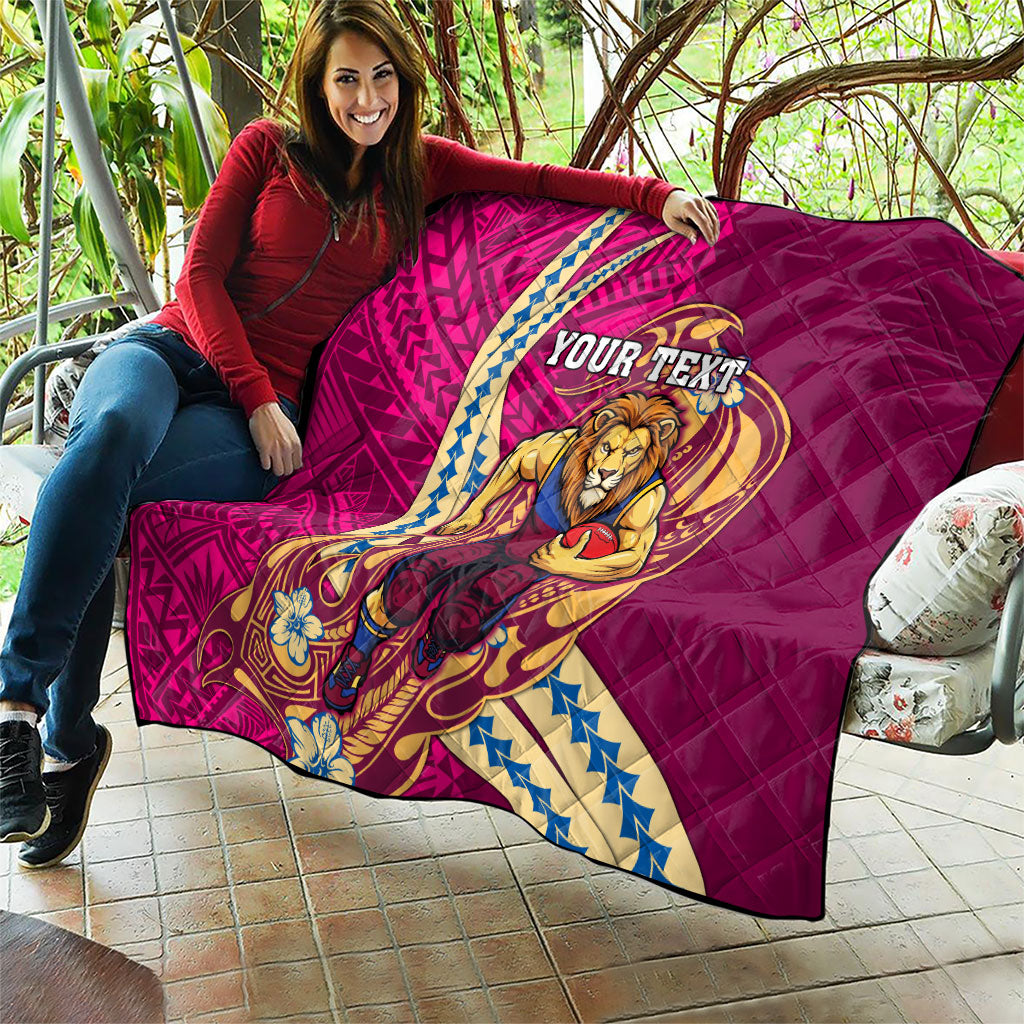 Personalized Brisbane Lions Quilt Polynesian Tribal Lion Mascot With Hibiscus Floral Art