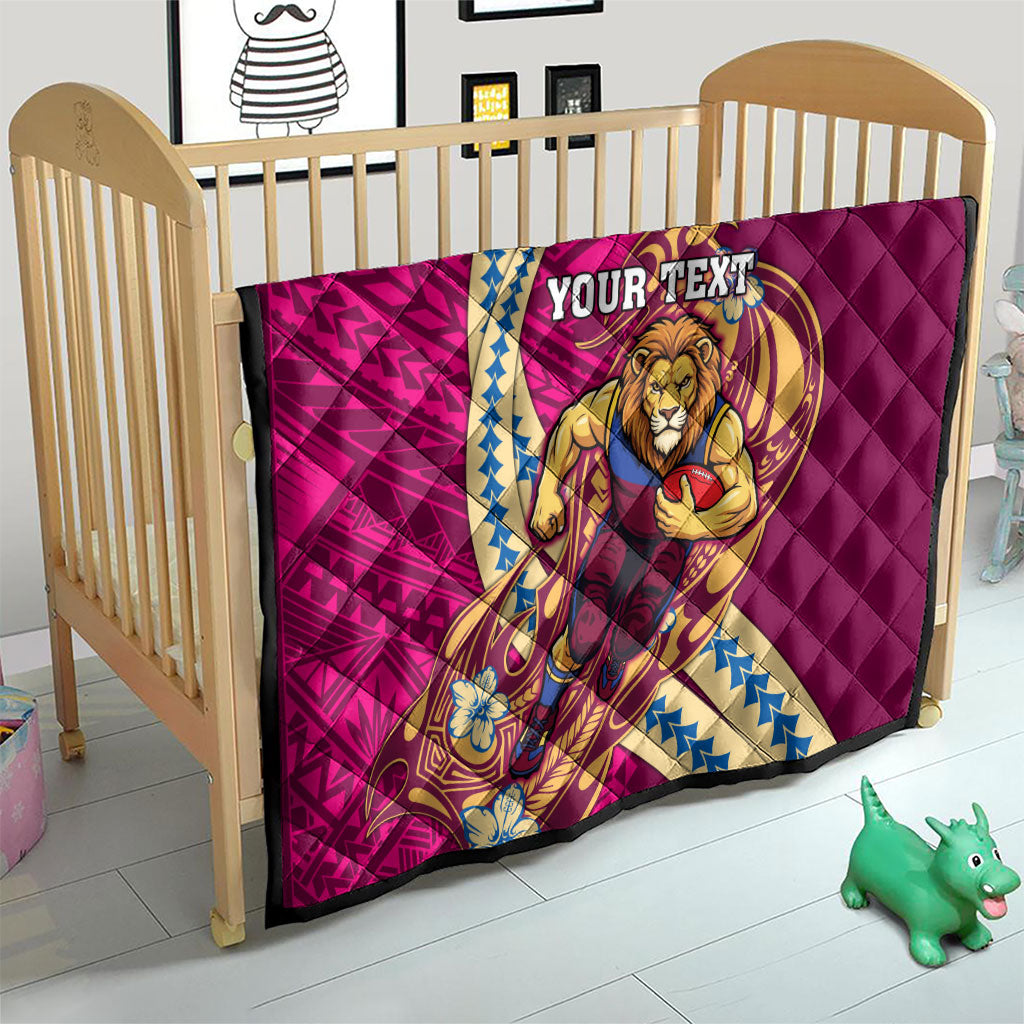 Personalized Brisbane Lions Quilt Polynesian Tribal Lion Mascot With Hibiscus Floral Art