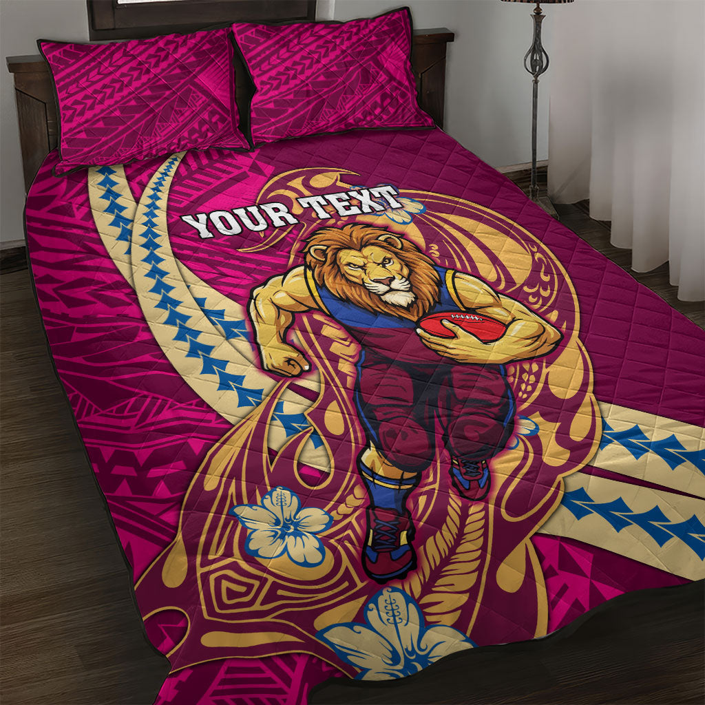 Personalized Brisbane Lions Quilt Bed Set Polynesian Tribal Lion Mascot With Hibiscus Floral Art