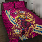 Personalized Brisbane Lions Quilt Bed Set Polynesian Tribal Lion Mascot With Hibiscus Floral Art