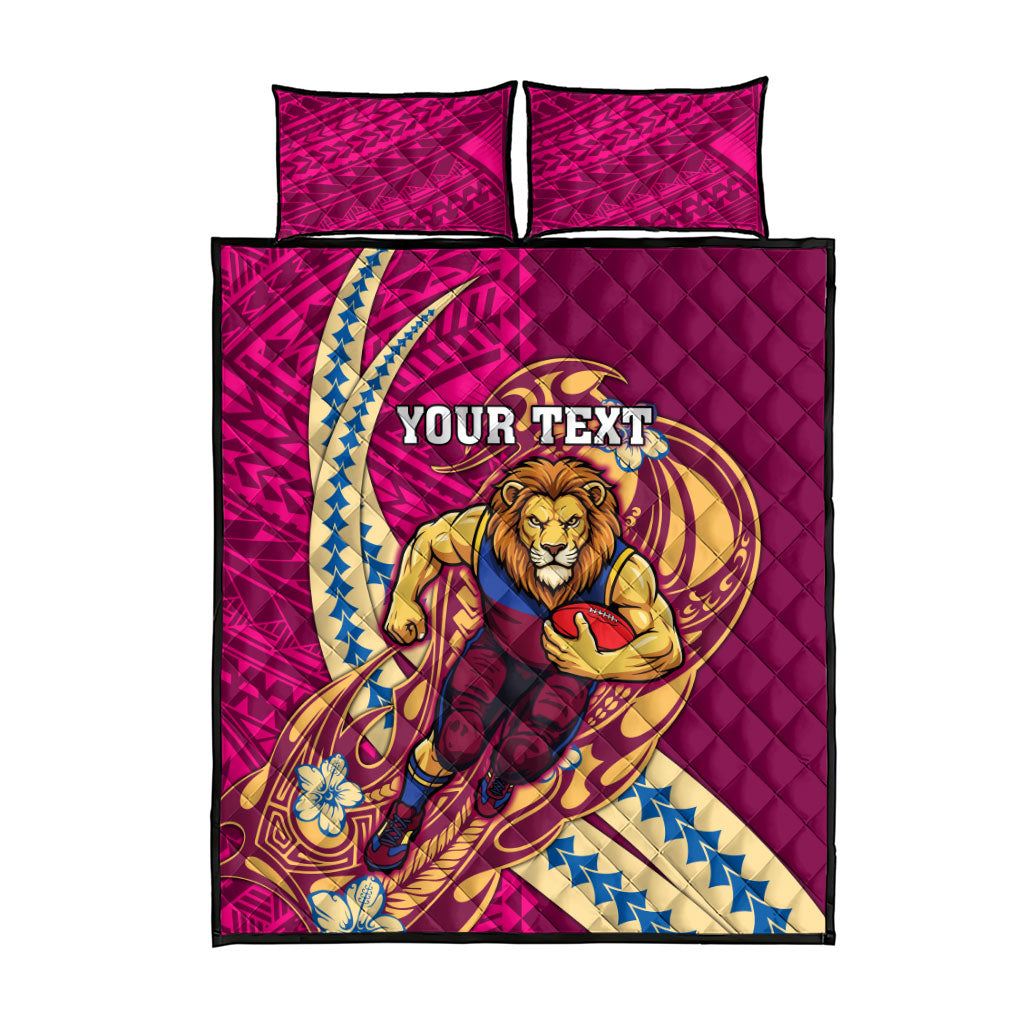 Personalized Brisbane Lions Quilt Bed Set Polynesian Tribal Lion Mascot With Hibiscus Floral Art