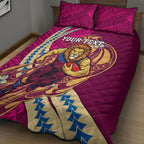 Personalized Brisbane Lions Quilt Bed Set Polynesian Tribal Lion Mascot With Hibiscus Floral Art