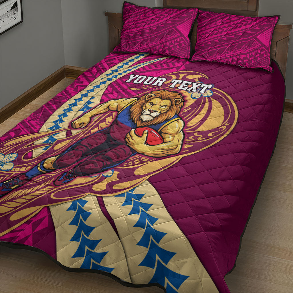 Personalized Brisbane Lions Quilt Bed Set Polynesian Tribal Lion Mascot With Hibiscus Floral Art