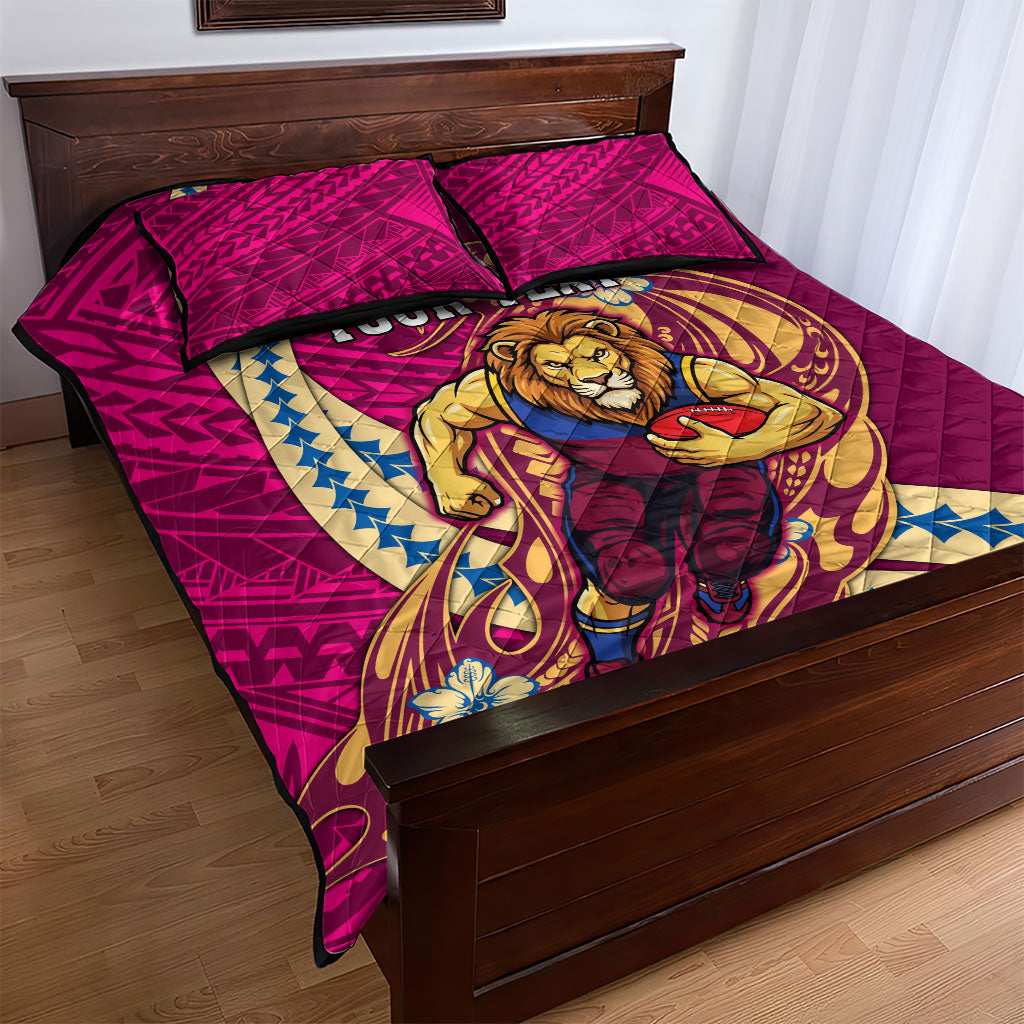 Personalized Brisbane Lions Quilt Bed Set Polynesian Tribal Lion Mascot With Hibiscus Floral Art