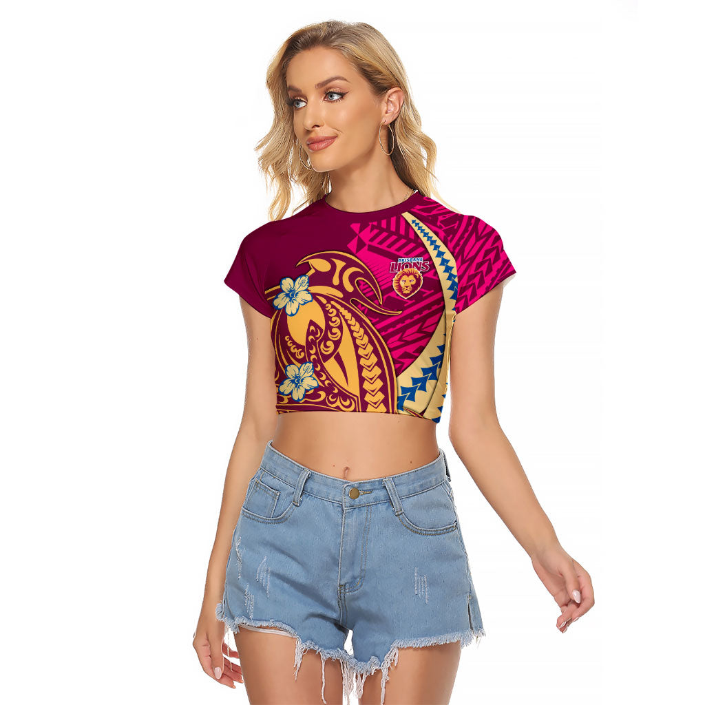Personalized Brisbane Lions Raglan Cropped T Shirt Polynesian Tribal Lion Mascot With Hibiscus Floral Art