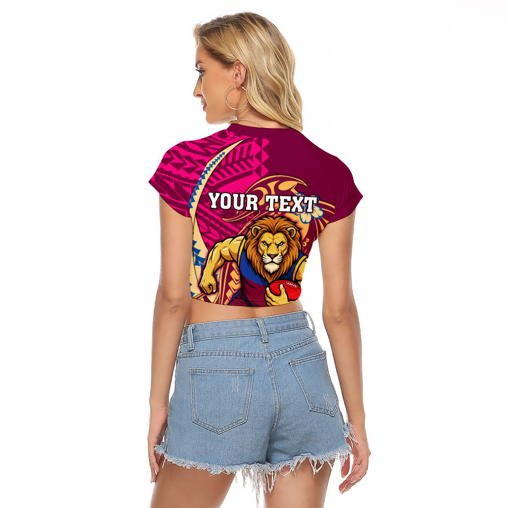 Personalized Brisbane Lions Raglan Cropped T Shirt Polynesian Tribal Lion Mascot With Hibiscus Floral Art
