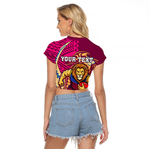Personalized Brisbane Lions Raglan Cropped T Shirt Polynesian Tribal Lion Mascot With Hibiscus Floral Art