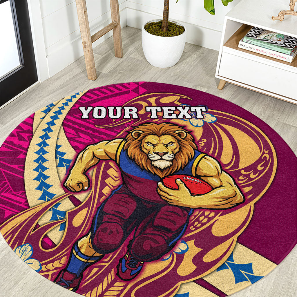 Personalized Brisbane Lions Round Carpet Polynesian Tribal Lion Mascot With Hibiscus Floral Art