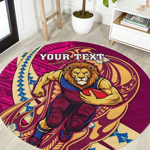 Personalized Brisbane Lions Round Carpet Polynesian Tribal Lion Mascot With Hibiscus Floral Art