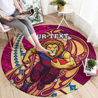 Personalized Brisbane Lions Round Carpet Polynesian Tribal Lion Mascot With Hibiscus Floral Art