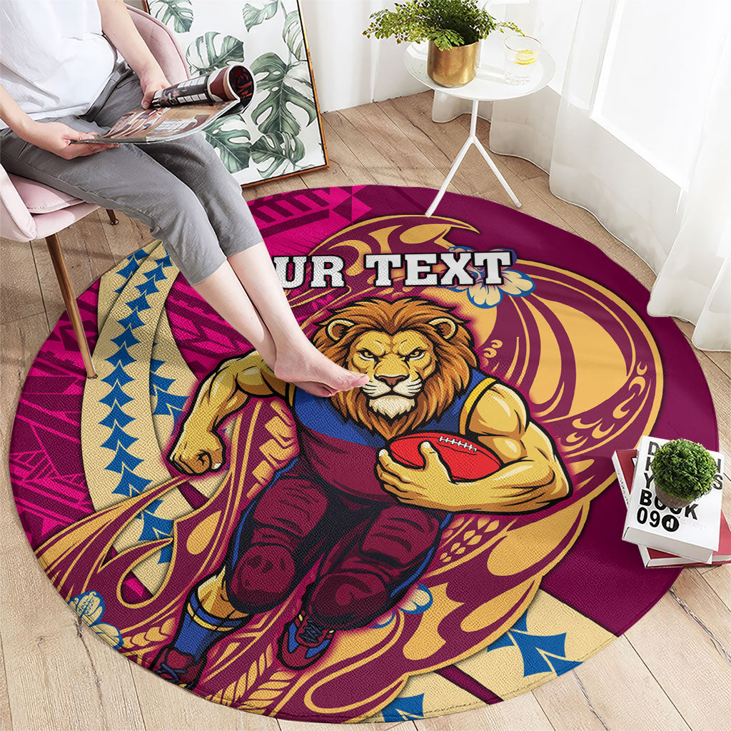 Personalized Brisbane Lions Round Carpet Polynesian Tribal Lion Mascot With Hibiscus Floral Art