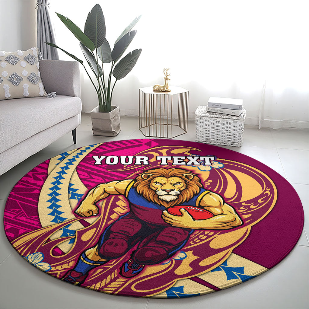 Personalized Brisbane Lions Round Carpet Polynesian Tribal Lion Mascot With Hibiscus Floral Art
