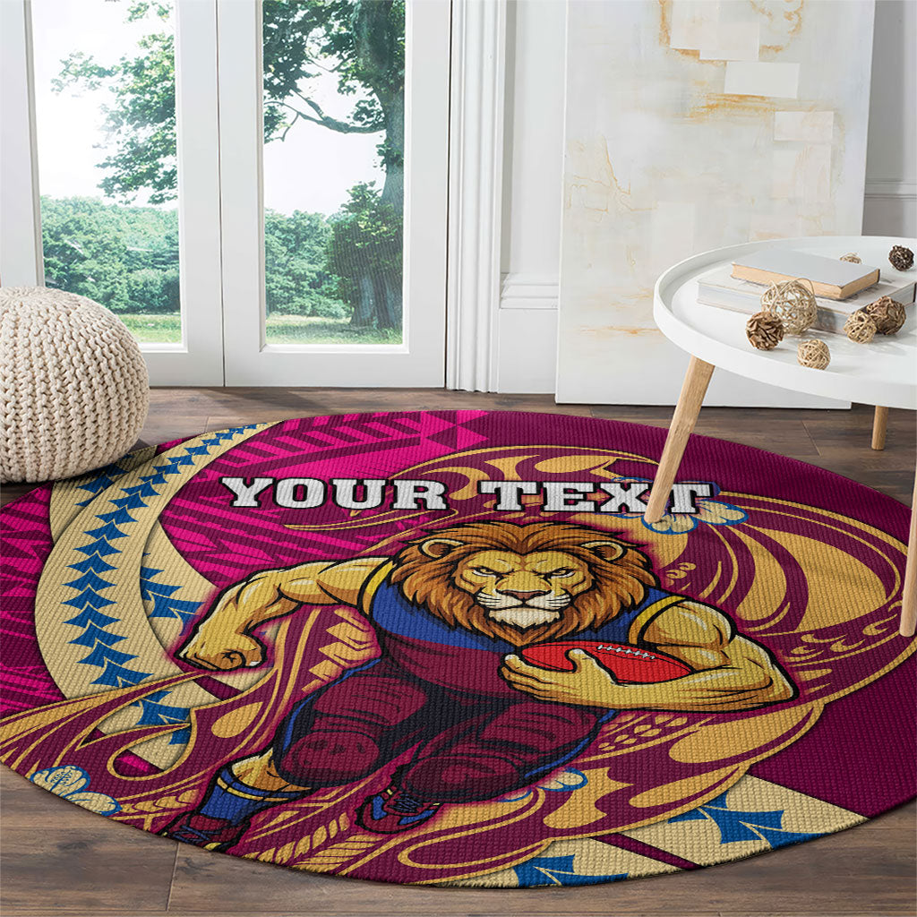 Personalized Brisbane Lions Round Carpet Polynesian Tribal Lion Mascot With Hibiscus Floral Art