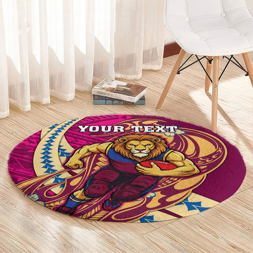 Personalized Brisbane Lions Round Carpet Polynesian Tribal Lion Mascot With Hibiscus Floral Art