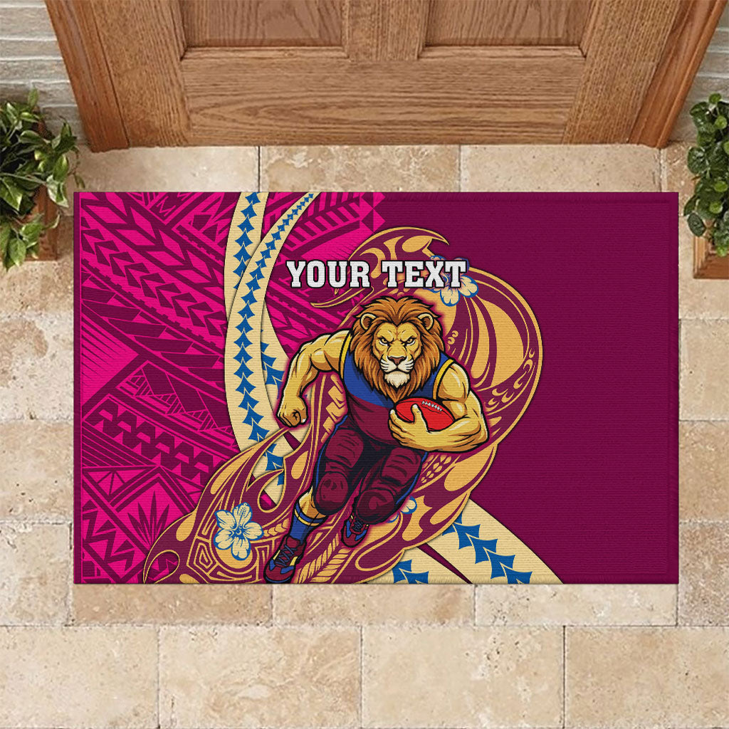 Personalized Brisbane Lions Rubber Doormat Polynesian Tribal Lion Mascot With Hibiscus Floral Art