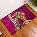 Personalized Brisbane Lions Rubber Doormat Polynesian Tribal Lion Mascot With Hibiscus Floral Art
