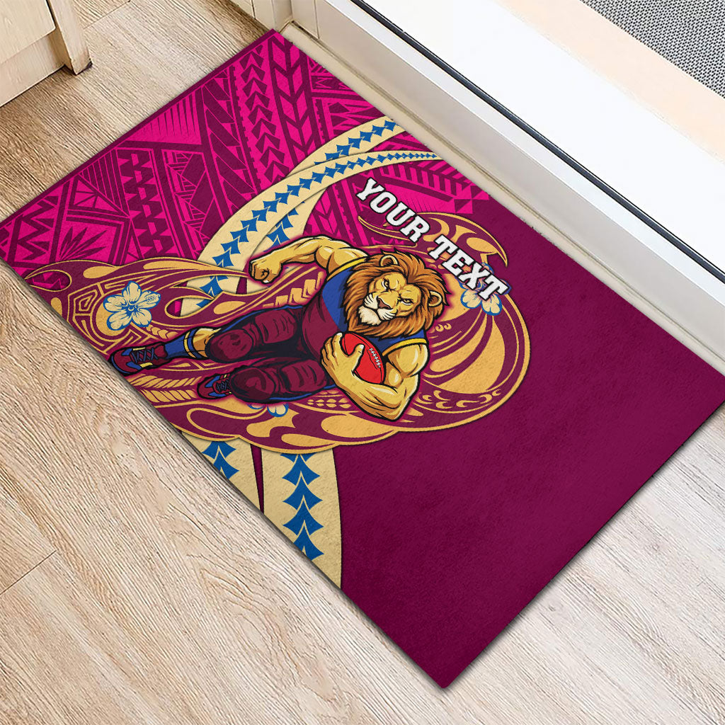 Personalized Brisbane Lions Rubber Doormat Polynesian Tribal Lion Mascot With Hibiscus Floral Art