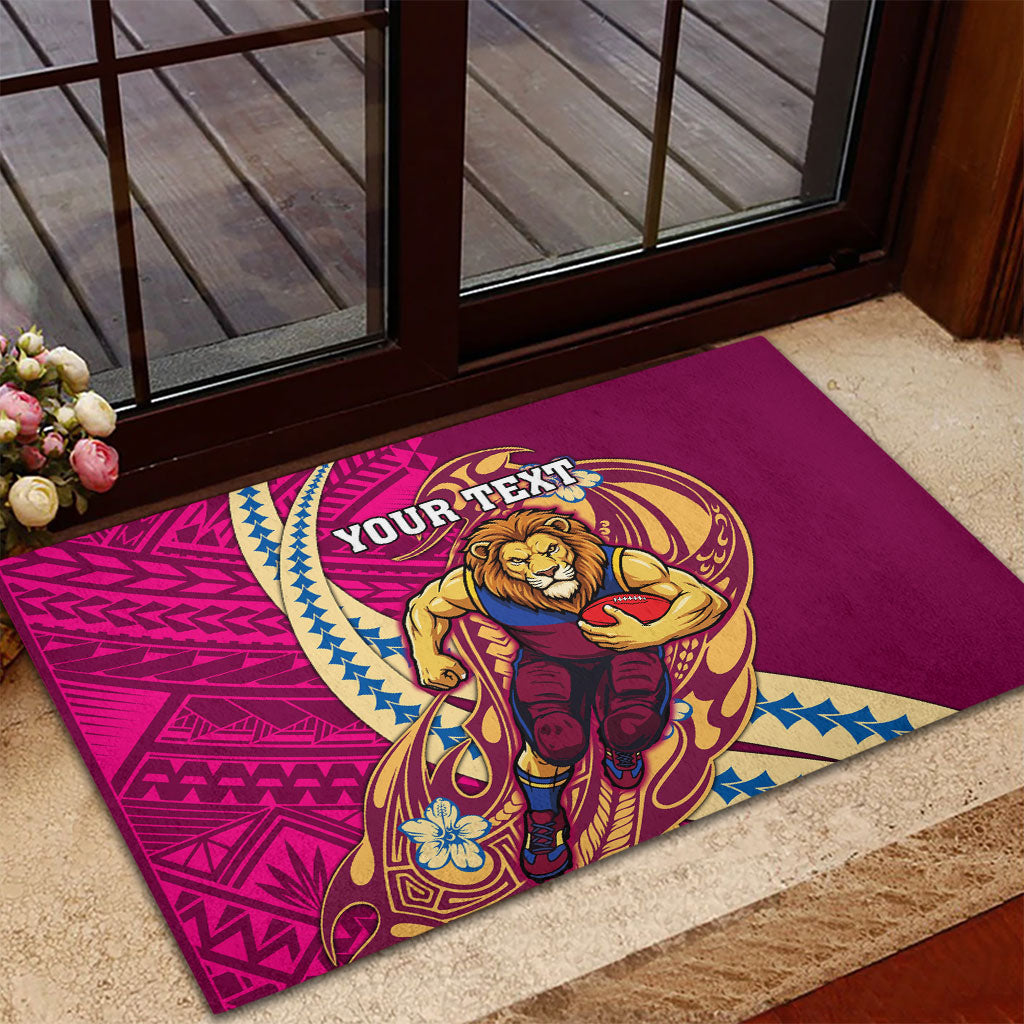 Personalized Brisbane Lions Rubber Doormat Polynesian Tribal Lion Mascot With Hibiscus Floral Art