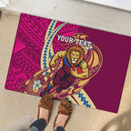 Personalized Brisbane Lions Rubber Doormat Polynesian Tribal Lion Mascot With Hibiscus Floral Art