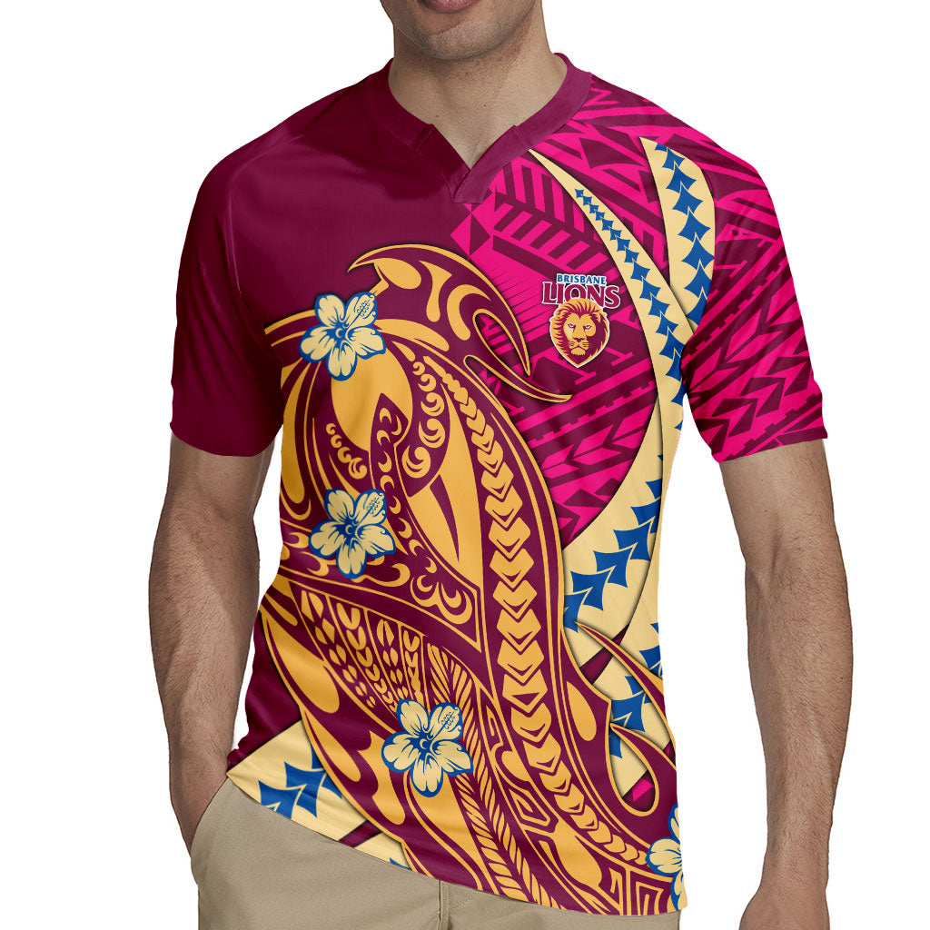 Personalized Brisbane Lions Rugby Jersey Polynesian Tribal Lion Mascot With Hibiscus Floral Art