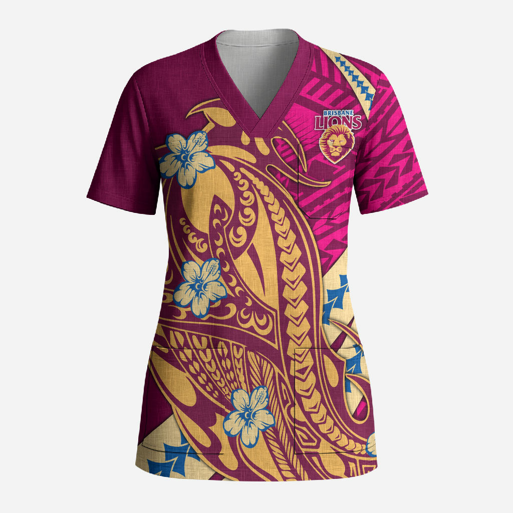Personalized Brisbane Lions Scrub Top Polynesian Tribal Lion Mascot With Hibiscus Floral Art