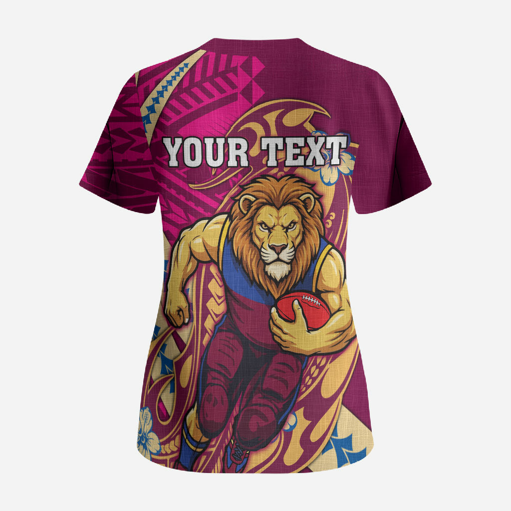 Personalized Brisbane Lions Scrub Top Polynesian Tribal Lion Mascot With Hibiscus Floral Art