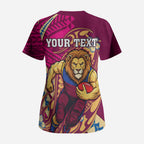 Personalized Brisbane Lions Scrub Top Polynesian Tribal Lion Mascot With Hibiscus Floral Art