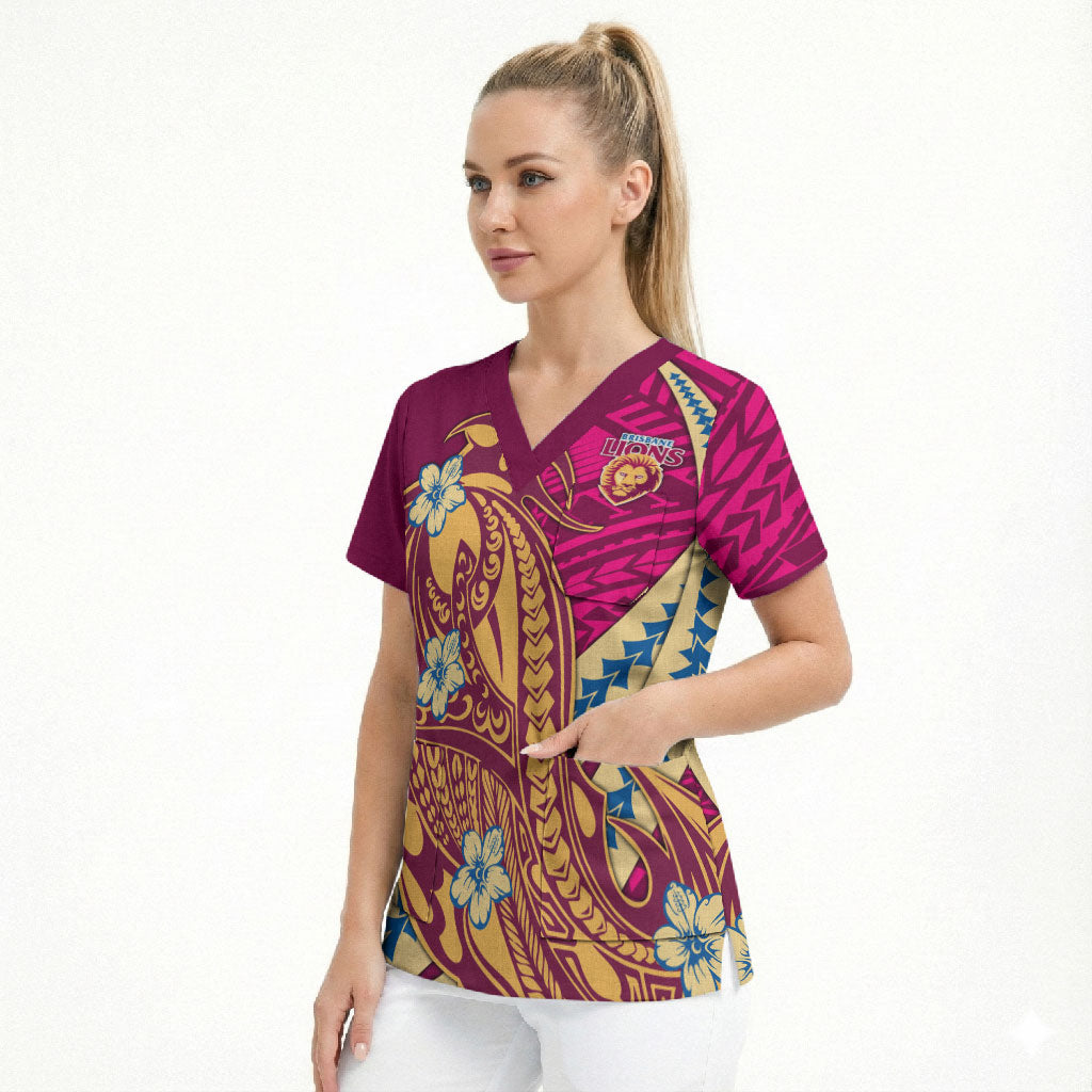 Personalized Brisbane Lions Scrub Top Polynesian Tribal Lion Mascot With Hibiscus Floral Art
