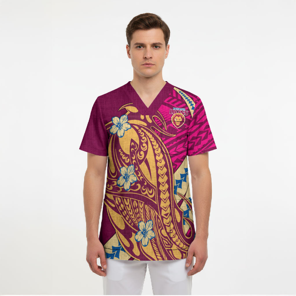 Personalized Brisbane Lions Scrub Top Polynesian Tribal Lion Mascot With Hibiscus Floral Art