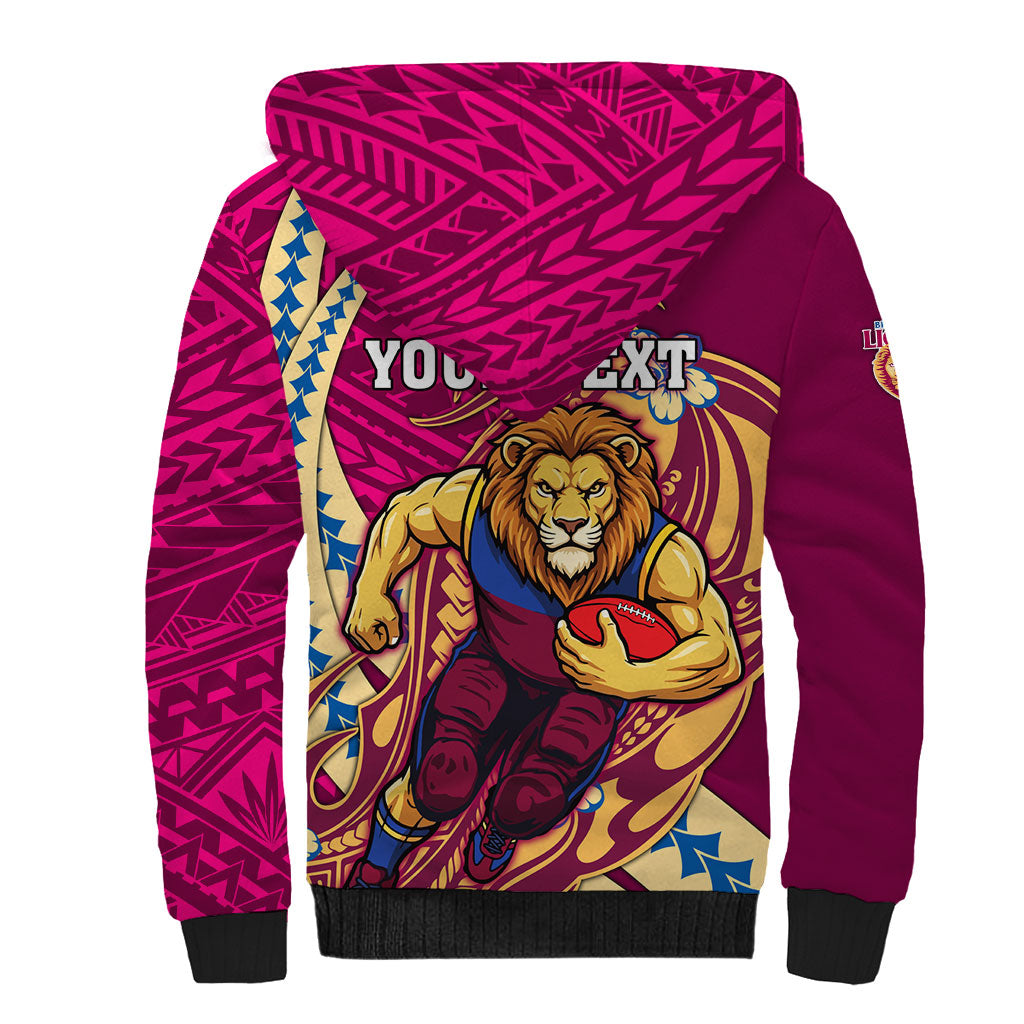 Personalized Brisbane Lions Sherpa Hoodie Polynesian Tribal Lion Mascot With Hibiscus Floral Art
