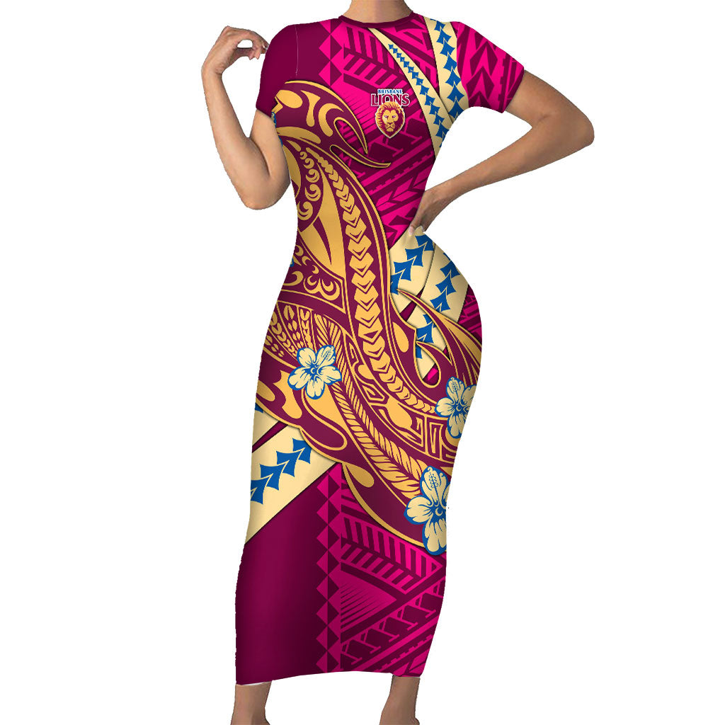 Personalized Brisbane Lions Short Sleeve Bodycon Dress Polynesian Tribal Lion Mascot With Hibiscus Floral Art