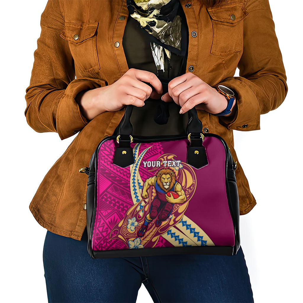 Personalized Brisbane Lions Shoulder Handbag Polynesian Tribal Lion Mascot With Hibiscus Floral Art