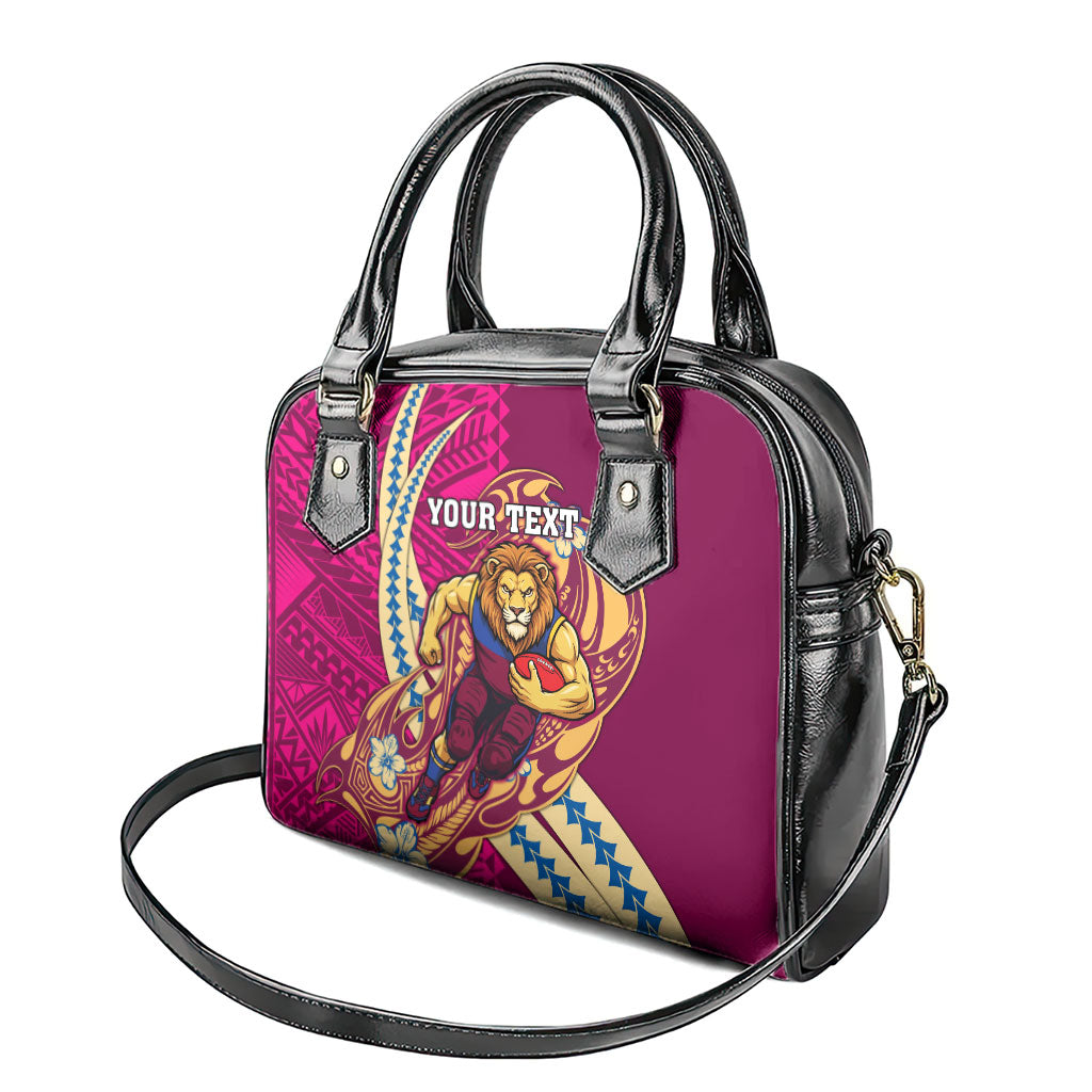 Personalized Brisbane Lions Shoulder Handbag Polynesian Tribal Lion Mascot With Hibiscus Floral Art